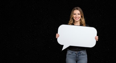 The woman is holding a large white speech bubble. Visual Concept.