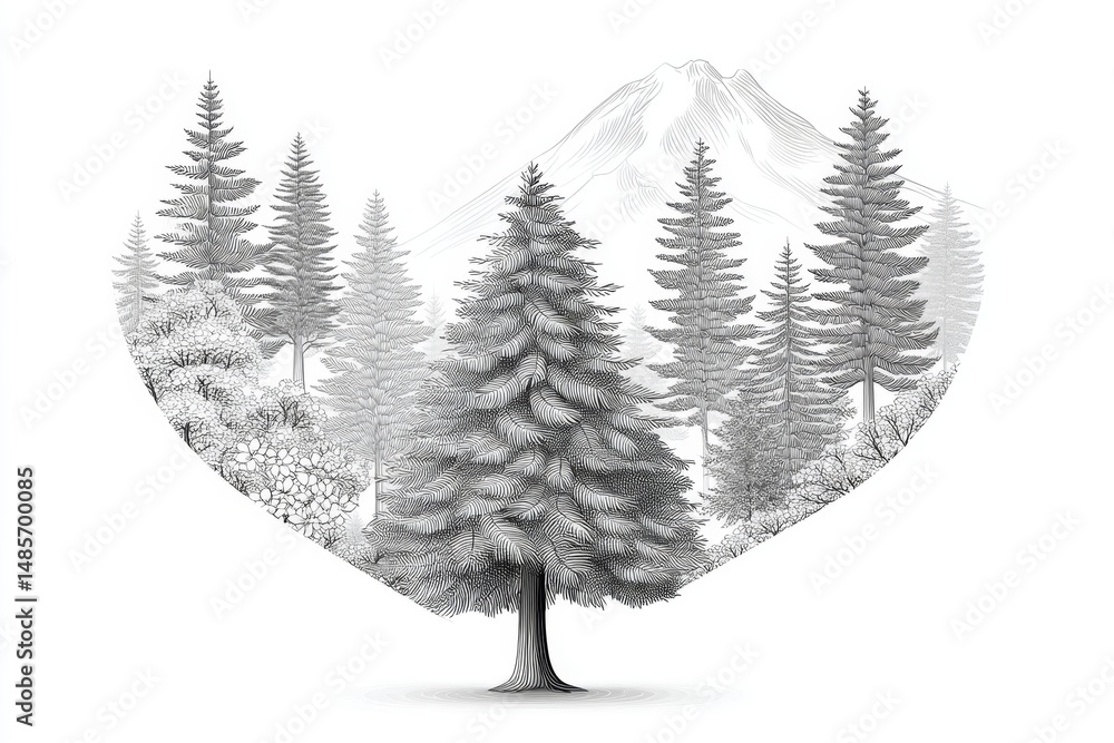Aufkleber a clean line art of a mountain and tree inside a heart shape