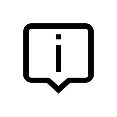 Black outlined information icon inside a speech bubble with rounded corners on a white background image