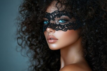 Fototapeta premium Close-up portrait of a woman with curly hair wearing an intricate black lace mask, showing confident and mysterious expression against a muted background