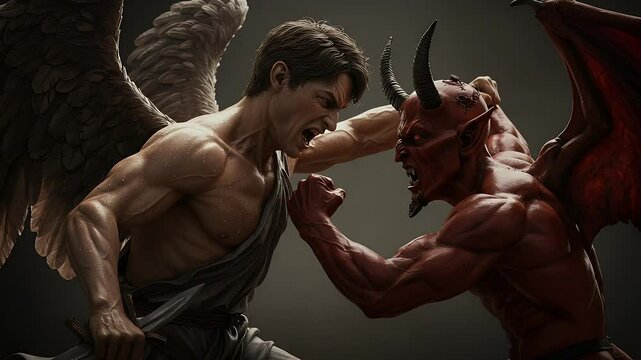 Man with Wings Fighting Red Figure in Intense Battle Scene