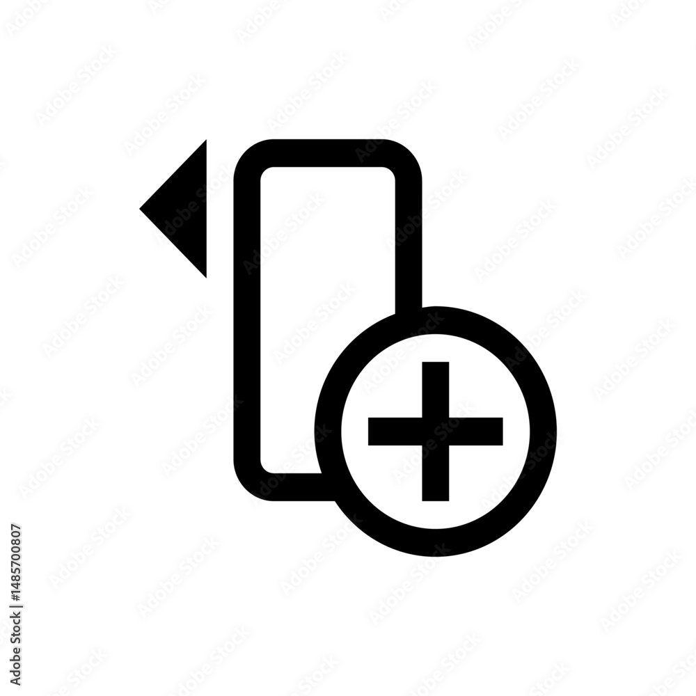Poster black arrow pointing left next to a rounded rectangle with a plus sign in a circle overlaying it
