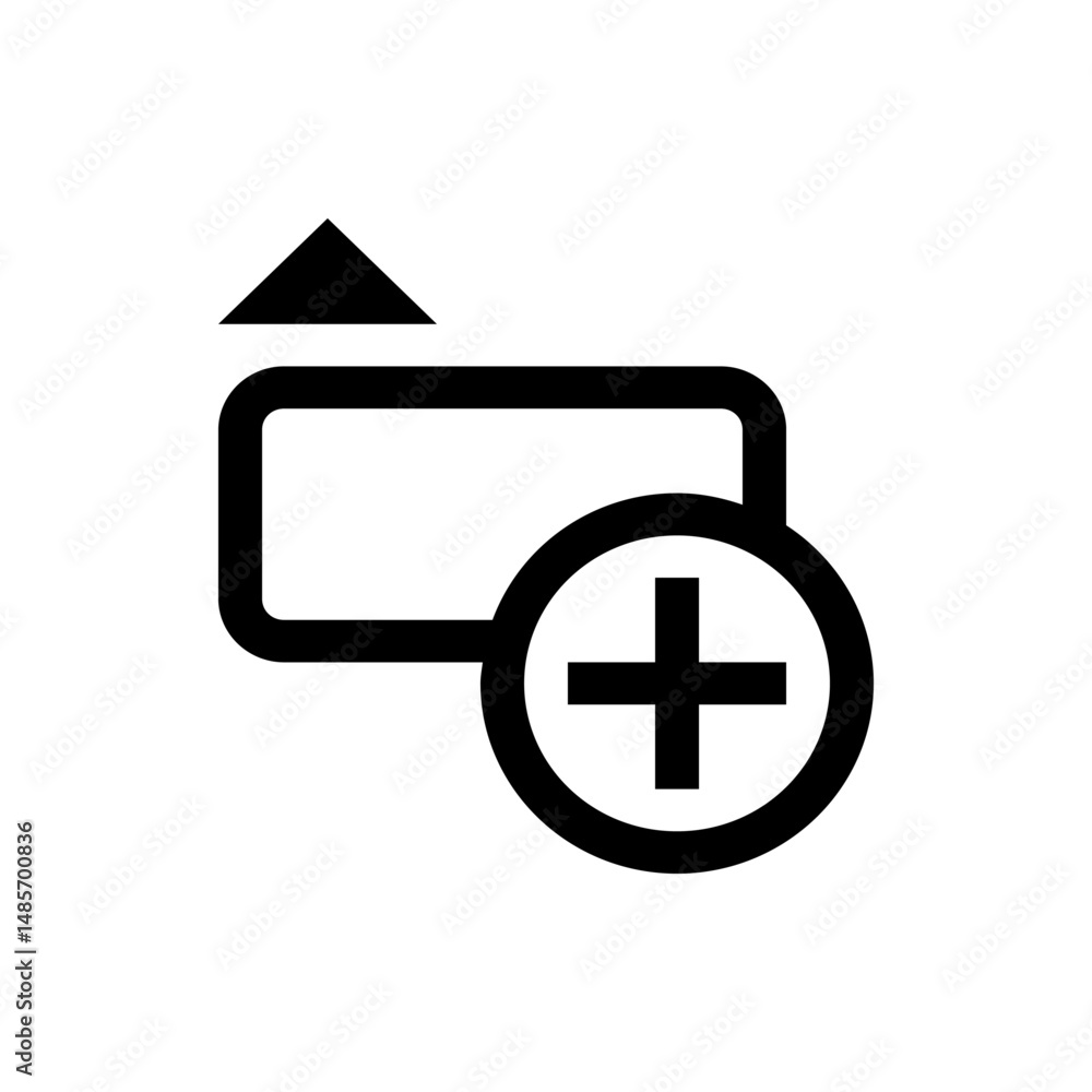 Poster icon showing a rectangle with rounded corners and a triangle above it and a plus sign in a circle on