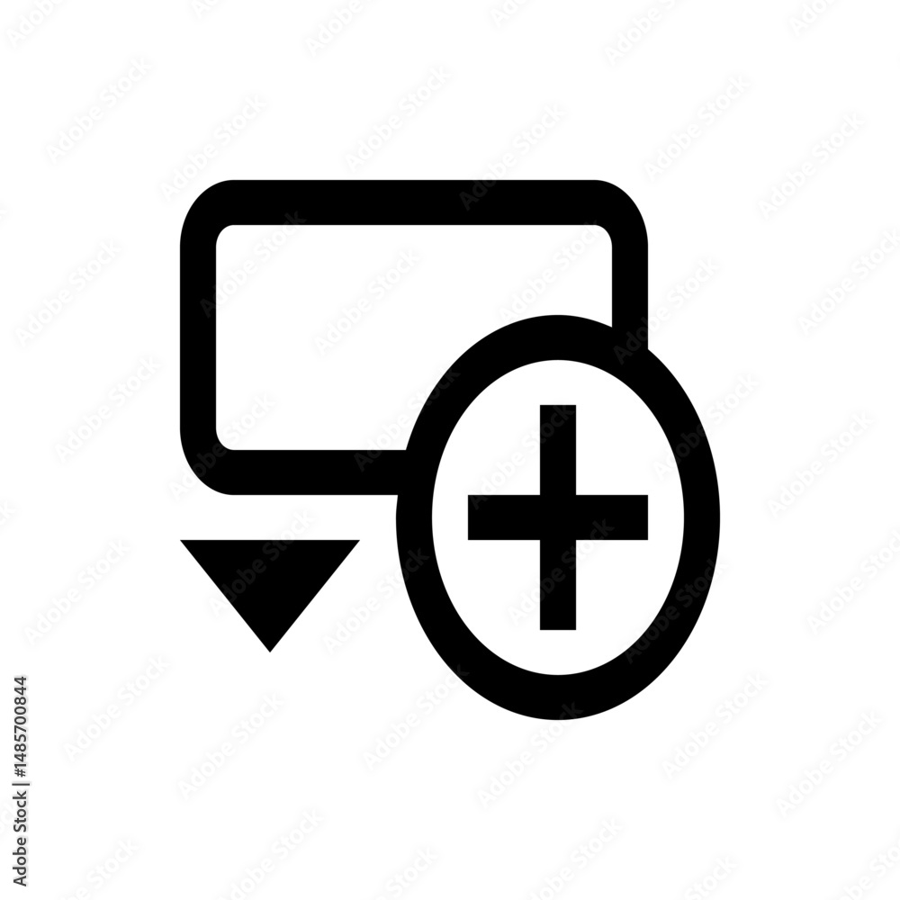 Poster icon showing a rectangular shape with rounded corners, a downward pointing arrow, and a plus sign in