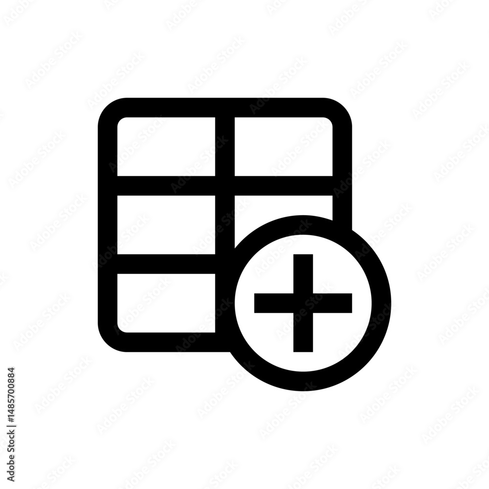 Poster grid layout icon with a plus sign inside a circle indicating adding functionality and new content op