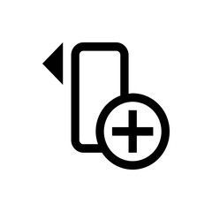 Black arrow pointing left next to a rounded rectangle with a plus sign in a circle overlaying it