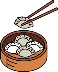isolate illustration of dumplings in wooden steamer basket