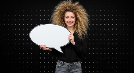 The woman is holding a large white speech bubble. Visual Concept.