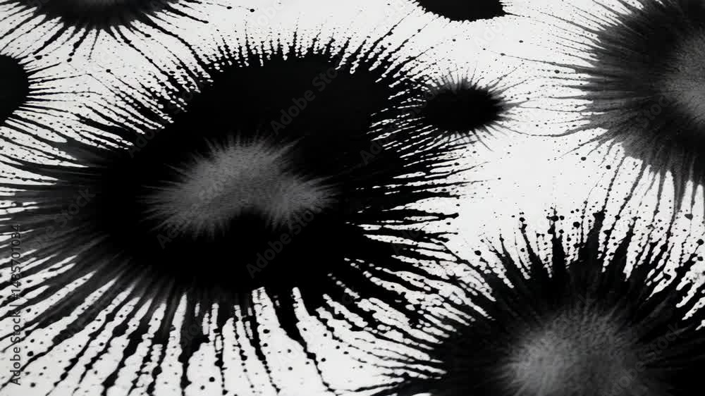 Poster abstract black ink blooms spreading across white paper, creating dynamic radial patterns and texture