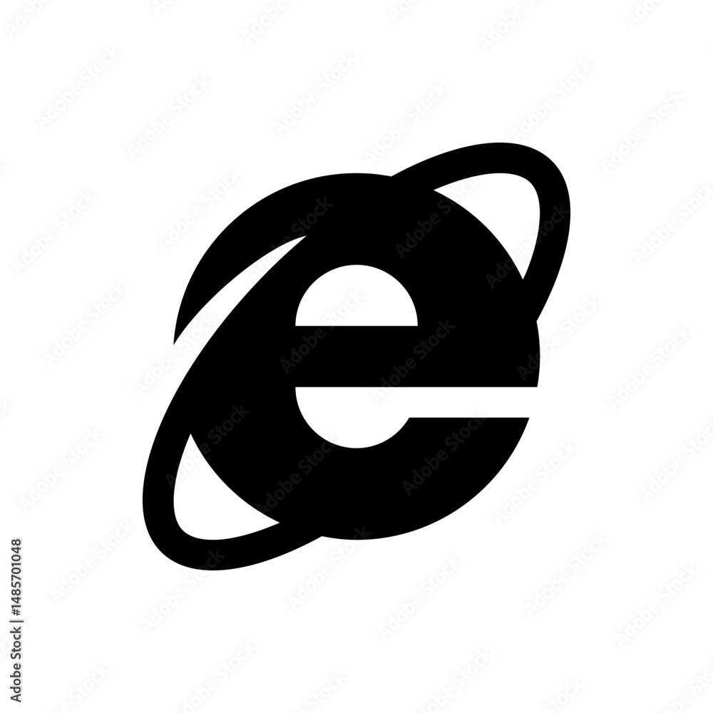 Poster black and white internet explorer logo with a circular shape and orbiting line design on a white bac