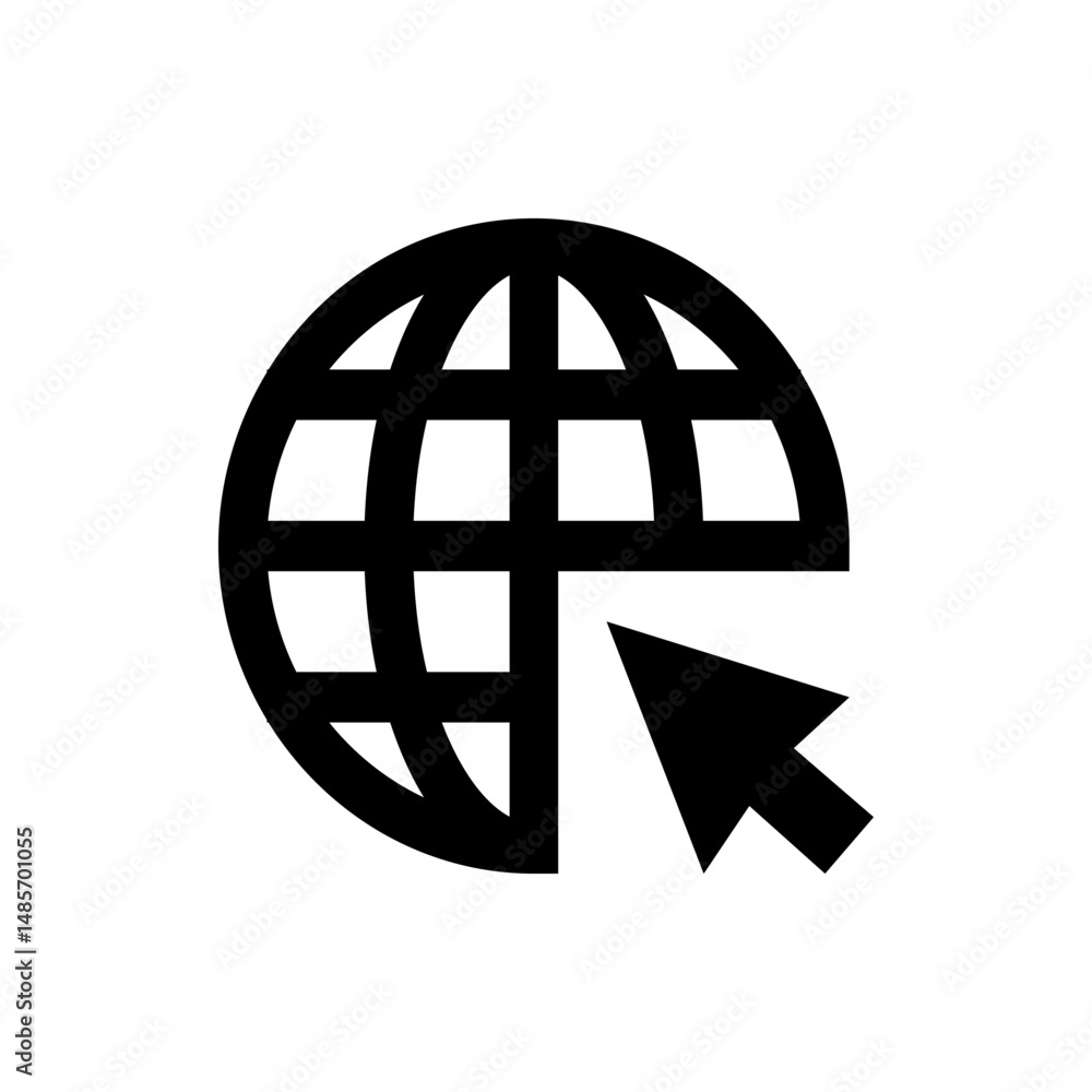 Poster black globe with grid lines and a black arrow pointing towards it on a white background design icon