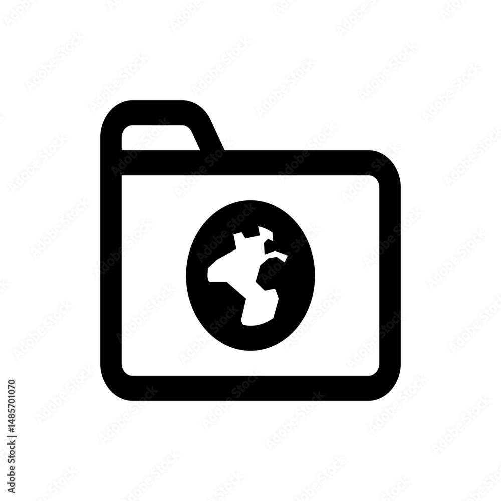 Poster black and white icon of a folder with a handle containing a globe symbol inside a circle in the cent
