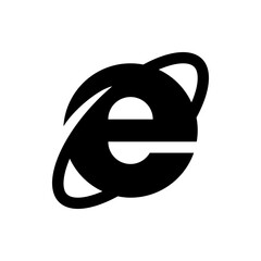 Black and white internet explorer logo with a circular shape and orbiting line design on a white background
