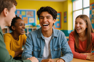 Cheerful multi ethnic classmates enjoying a fun moment together, laughing during a break in their classroom