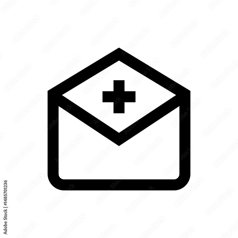 Poster outline of an envelope with a plus sign centered on the flap indicating a new message or addition to