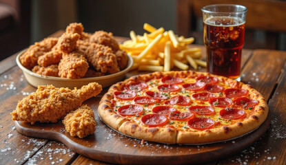 Delicious Pizza, Chicken, Fries, and Drink Combo on a Wooden Table