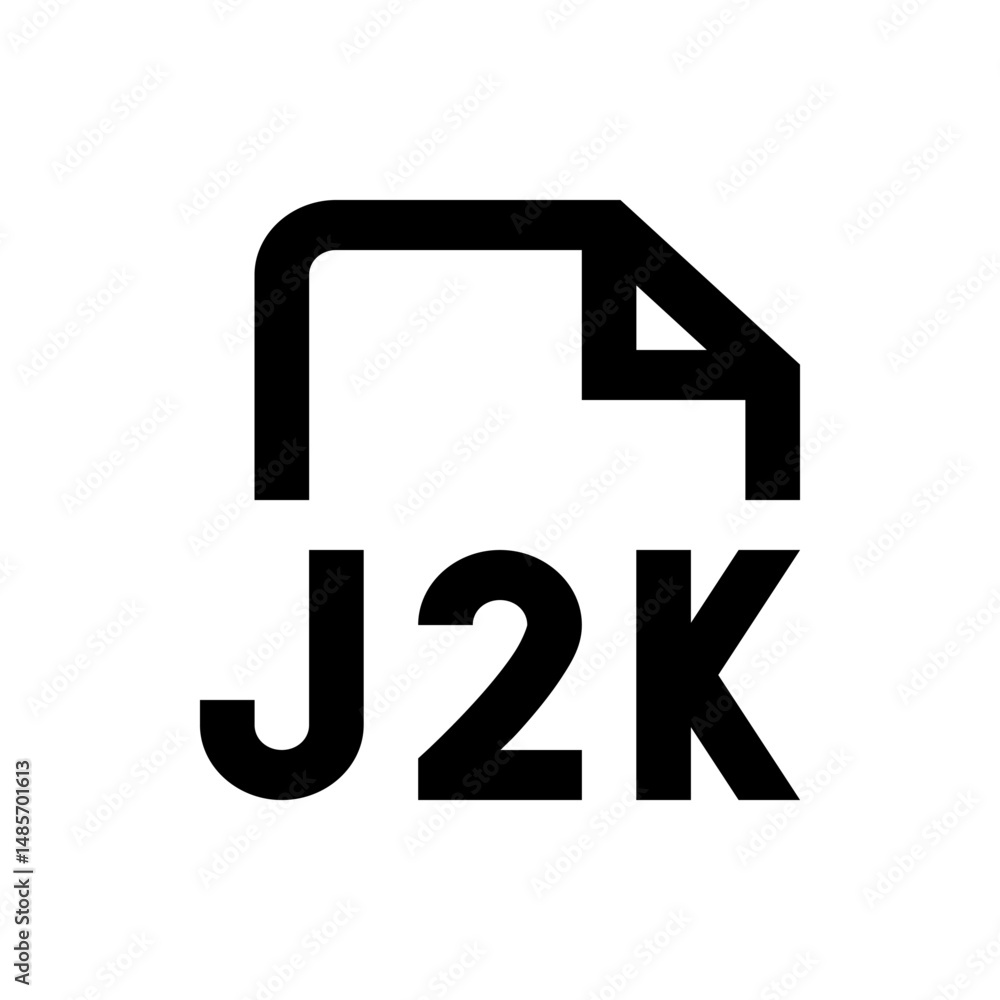 Poster illustration of a j2k file format icon with a folded corner and bold typeface on a white background 