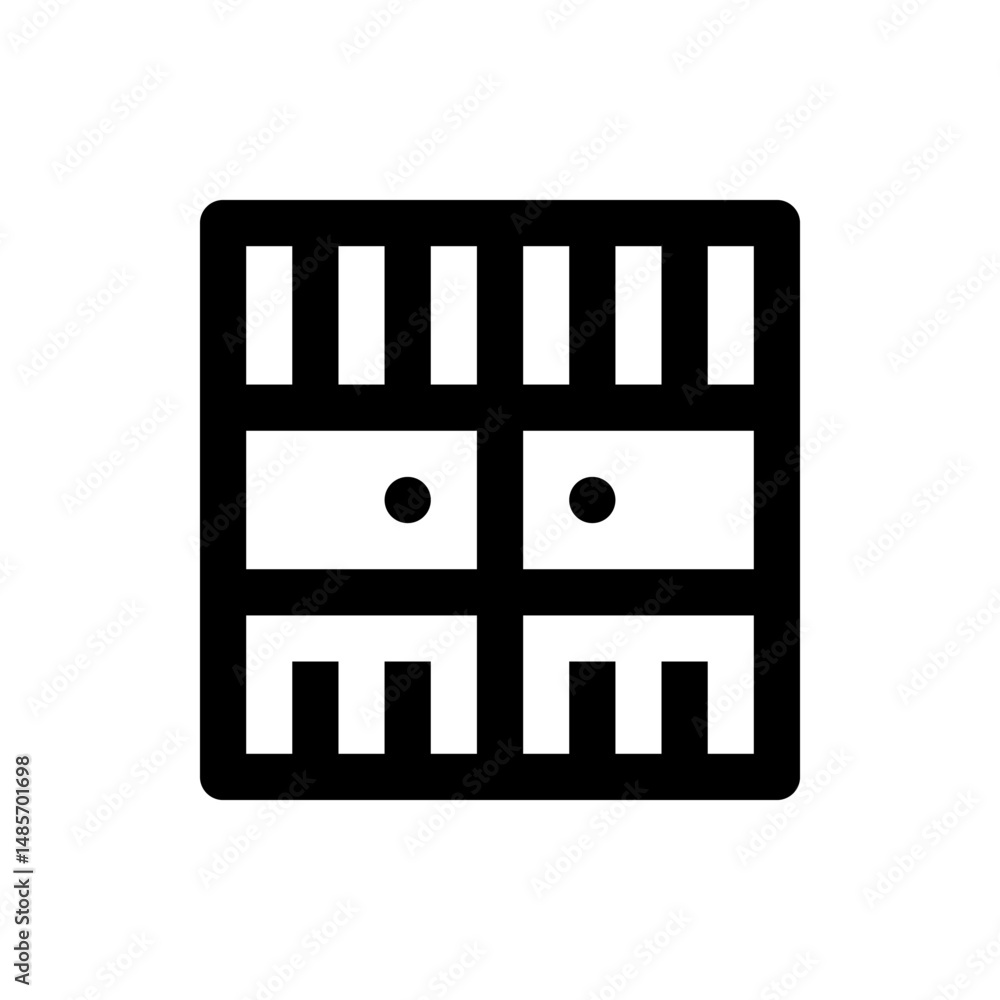Poster stylized black and white icon with vertical bars two squares with dots and m shapes in a square fram