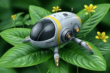 A futuristic explorer landing on a lush green exoplanet with alien flora