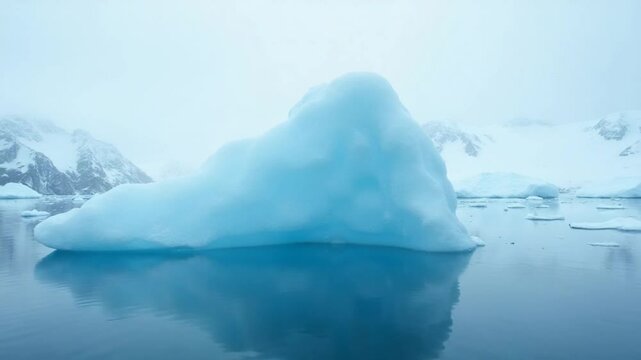 A solitary iceberg floating in calm waters surrounded