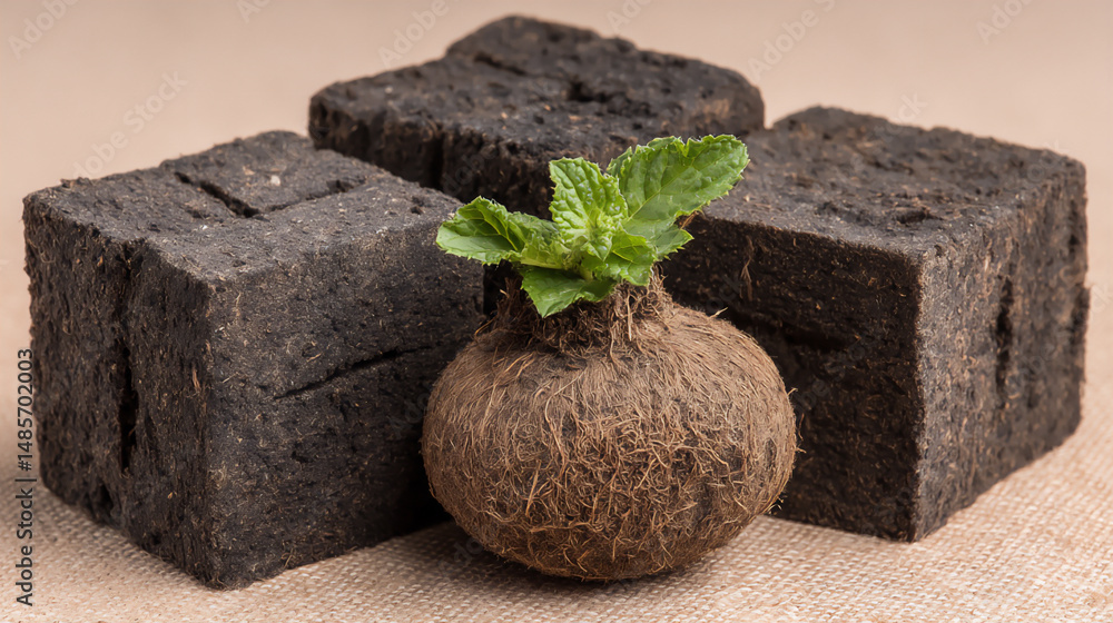 Poster close-up of a dark brown konnyaku (yam cake) with visible threads and a light grid pattern in oden b