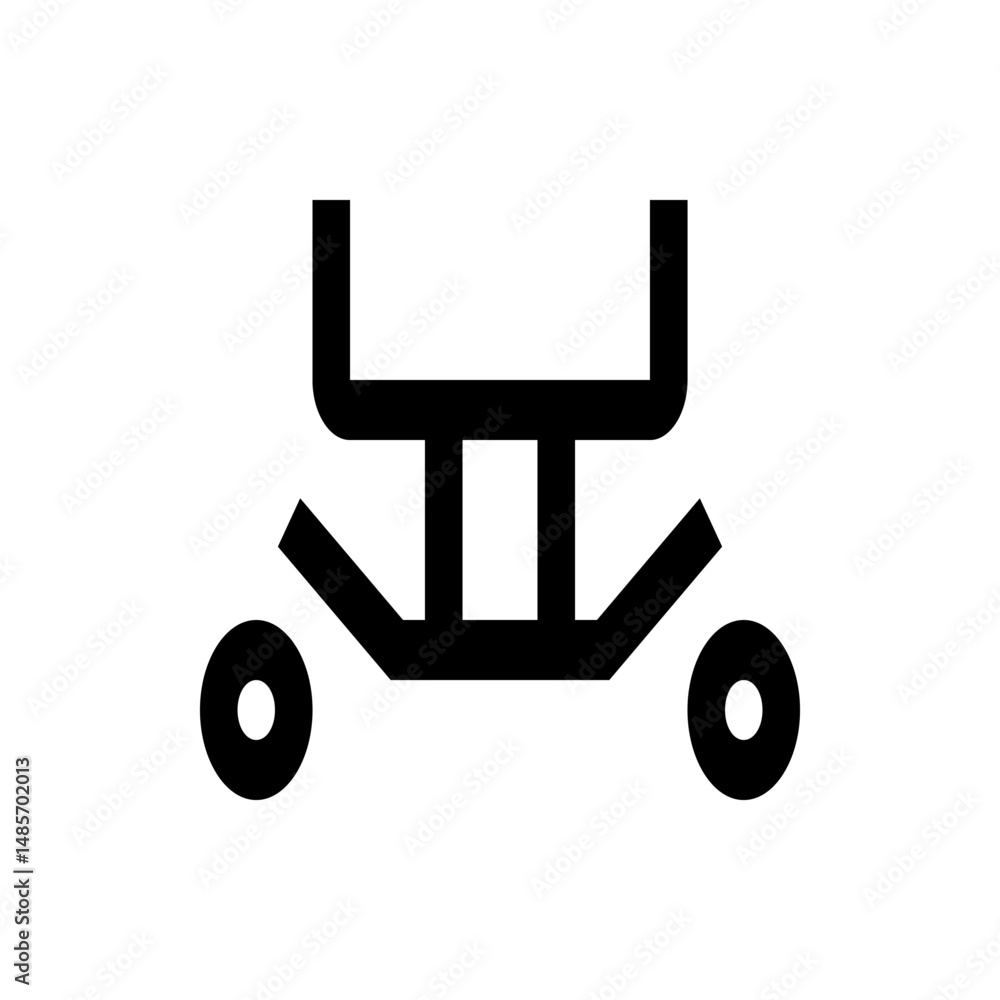 Poster illustration of a black abstract cart with a u shaped handle and two wheels on a white background de
