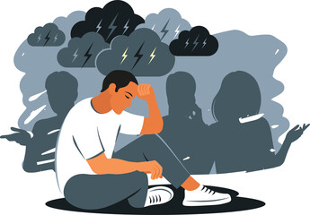 Sad man feel lonely in crowd. Man with psychological problems suffer from lack of friends and communication.