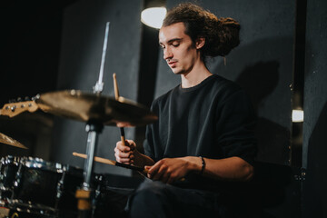 A drummer concentrates on playing drums during a music session in a studio setting. The scene showcases dedication and passion for music, focused expression, and the atmosphere of creating melodies.