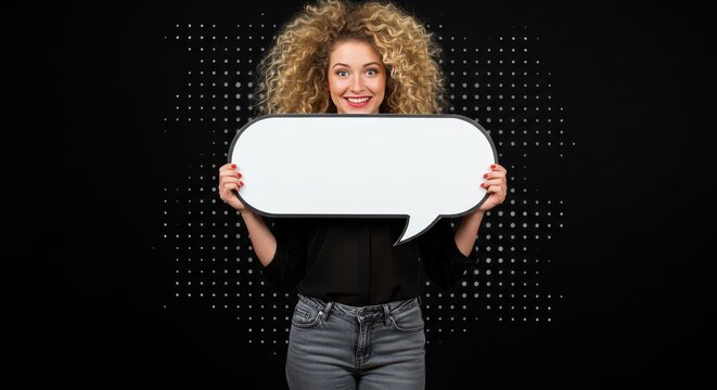 The woman is holding a large white speech bubble. Visual Concept.