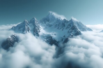 Obraz premium Majestic Snow-Covered Mountain Peaks Emerging from Clouds in Tranquil Landscape