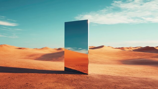 Reflective monolith in desert landscape