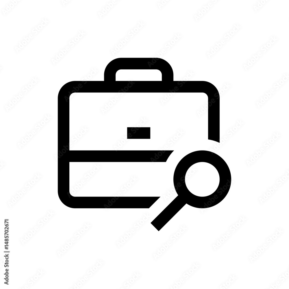 Aufkleber black outlined briefcase with handle and a magnifying glass searching for something on the right sid