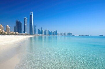 Pristine beach, clear water, city skyline