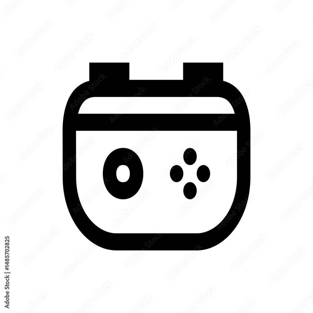 Poster illustration of a black and white video game console with a directional pad and a single button desi