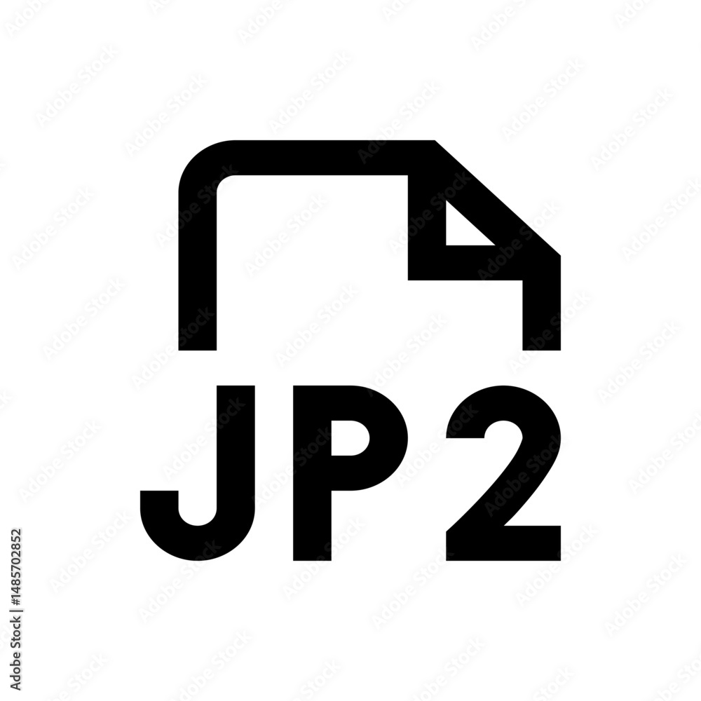 Poster black jp2 file format icon with a folded corner representing a digital image file type on a white ba