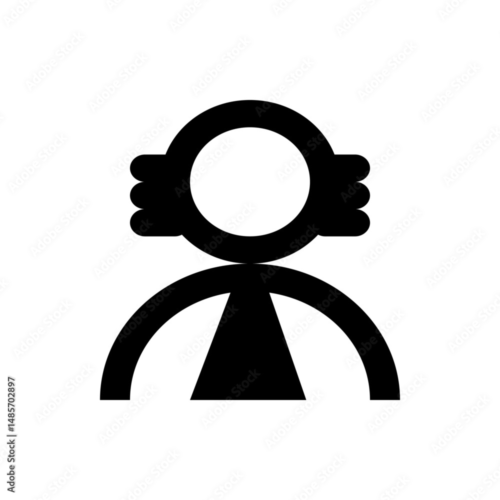 Poster stylized black and white drawing of a figure with a circular head and triangular body with curved ar