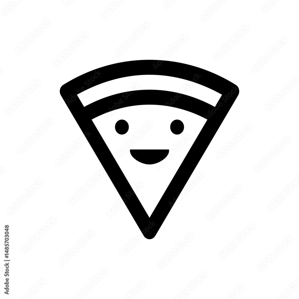 Poster illustration of a slice of pizza with a smiling face and two lines representing toppings in black an