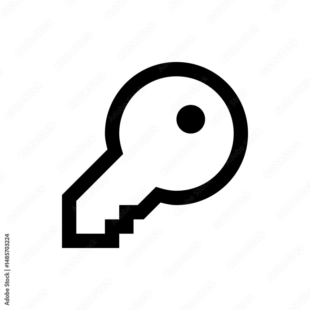Poster illustration of a stylized key with a circular head and a stepped bit in black and white simple desi