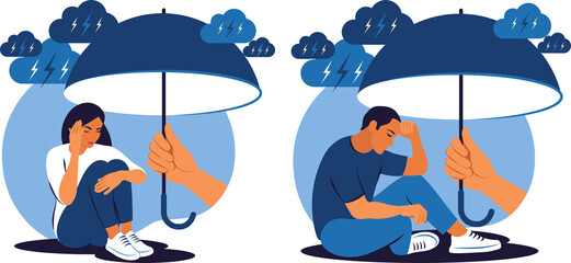 Supporting depressed crying people under stress. Psychotherapy and mental issues. Support and aid for people under stress and depression concept.