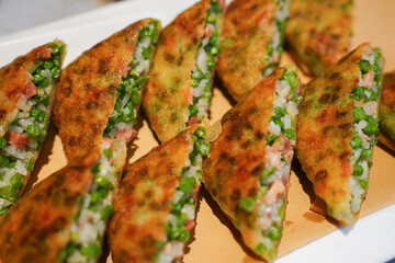 Chinese Pancake with cowbean, rice,  and Diced ham sausage. inside
