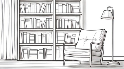 Fototapeta premium Interior sketch of a reading nook with bookshelves and armchair