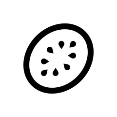 A black and white illustration of a kiwi slice with seeds arranged in a circular pattern inside the fruit