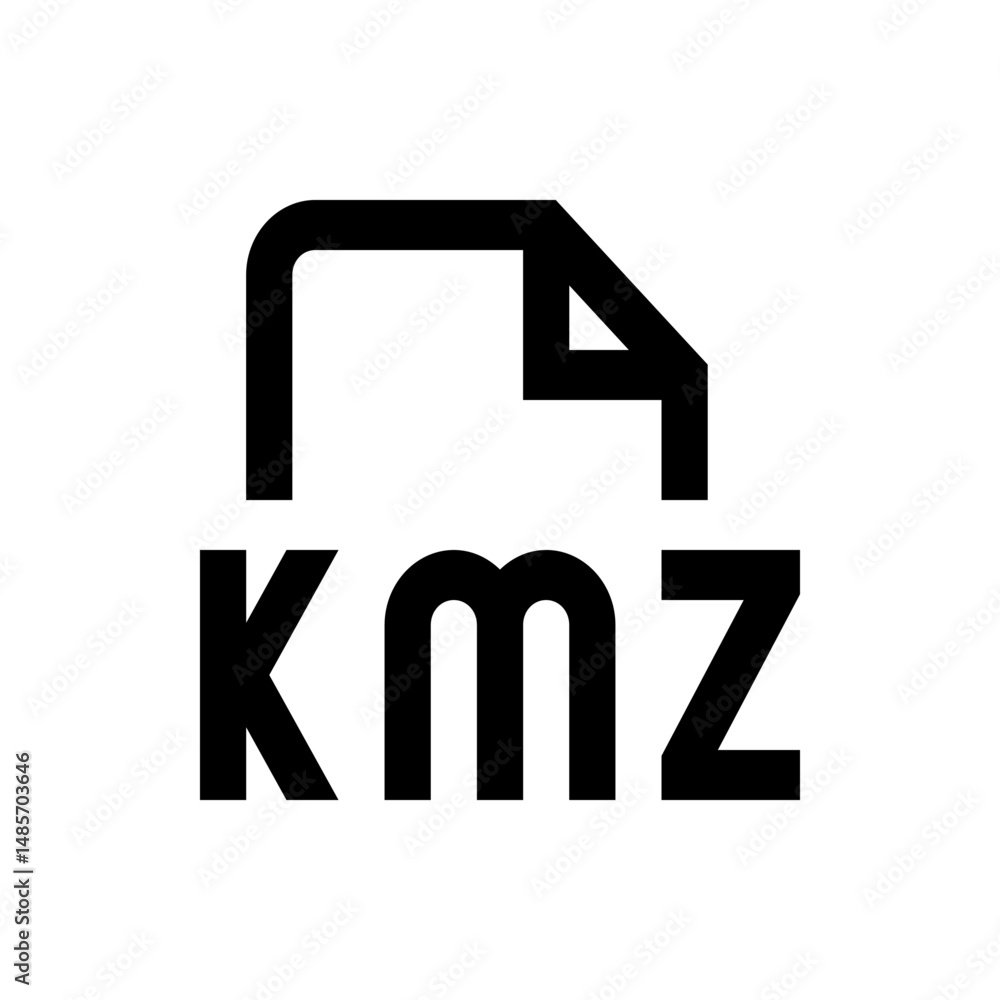 Poster illustration of a black kmz file format icon with a folded corner on a white background in simple st