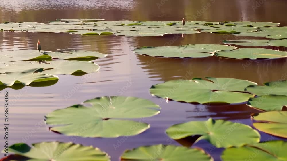 Poster Lily pads with emerging flower buds floating on a calm lake surface with soft reflections in diffused light at golden hour