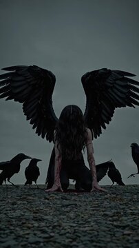 Ange d&eacute;chu entour&eacute; de corbeaux sur fond de ciel orageux

