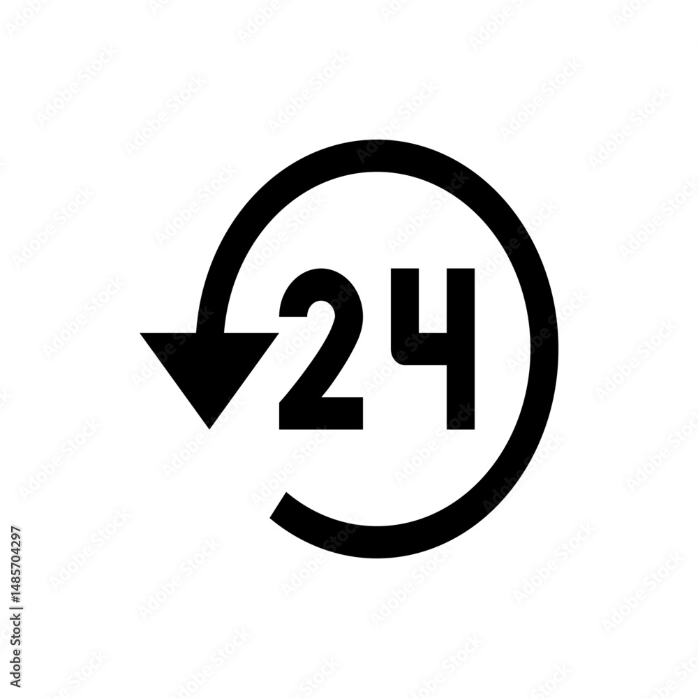 Poster illustration of a twenty four hour service symbol with an arrow rotating in a circular fashion desig