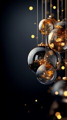 Elegant ornaments dangle against a dark background with twinkling lights