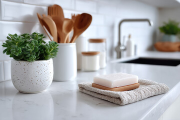 White solid soap resting on wooden soap dish in modern kitchen