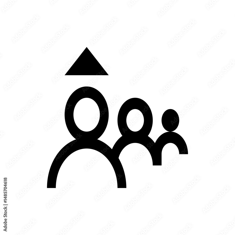 Poster three stylized figures in a row with circular heads and a triangle above the first figure in black a