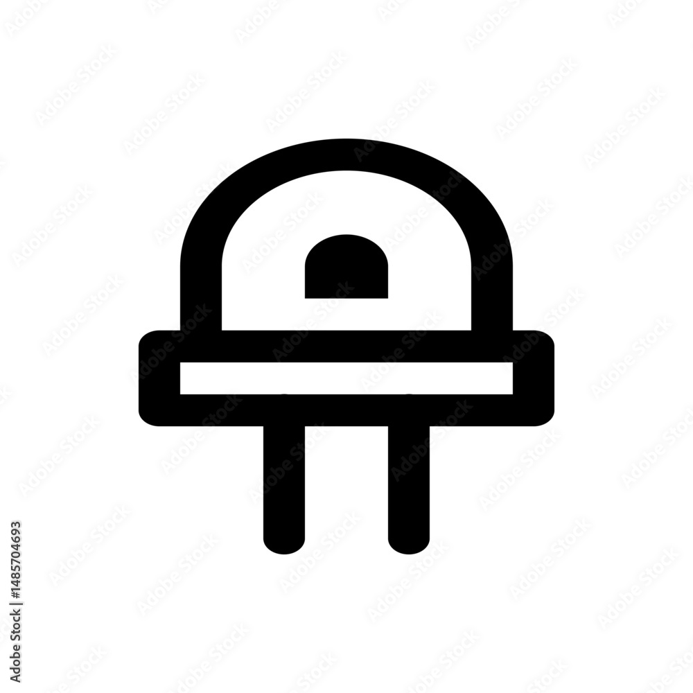 Poster illustration of a light emitting diode with a rounded top and two pins in a simple black and white s